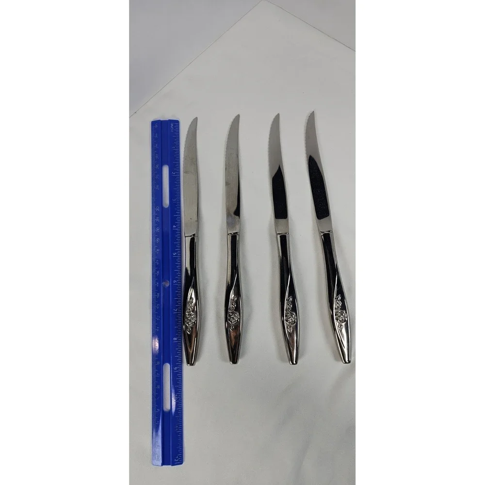 Oneida Lasting Rose Stainless Steel Serrated Steak Knives 4 Glossy Floral 9